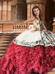 Strapless Sleeveless Kids Formal Wear Brush Train Embroidery and Ruffles White And Red Organza
