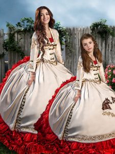 White And Red Lace Up Sweetheart Embroidery and Ruffles Sweet 16 Dresses Organza and Taffeta Long Sleeves Brush Train