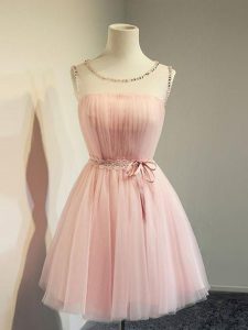 Gorgeous Knee Length Lace Up Dama Dress Baby Pink for Prom and Party and Wedding Party with Belt