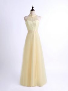 Sleeveless Floor Length Lace and Appliques Lace Up Vestidos de Damas with Light Yellow