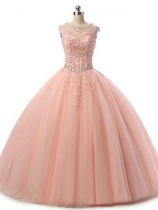 Modest Floor Length Lace Up Quinceanera Dress Peach for Military Ball and Sweet 16 and Quinceanera with Beading and Lace