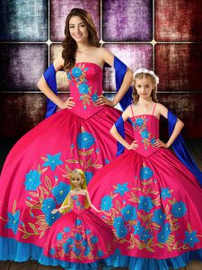 Extravagant Sleeveless Taffeta Floor Length Lace Up Quinceanera Dresses in Hot Pink with Embroidery