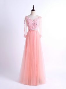 Floor Length Empire Half Sleeves Pink Damas Dress Lace Up