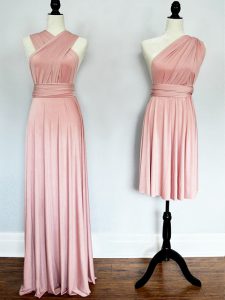 Chic Pink Empire Ruching Dama Dress for Quinceanera Lace Up Chiffon Sleeveless Floor Length
