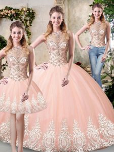 Peach Sleeveless Floor Length Beading and Lace and Appliques Backless Sweet 16 Dress