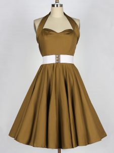 Ideal Sleeveless Taffeta Knee Length Lace Up Quinceanera Dama Dress in Brown with Belt