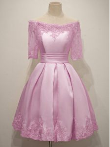 Lilac Half Sleeves Taffeta Lace Up Dama Dress for Prom and Party and Wedding Party