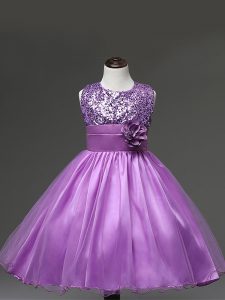 Simple Scoop Sleeveless Kids Formal Wear Knee Length Sequins and Hand Made Flower Lilac Tulle