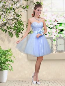Sleeveless Tulle Knee Length Lace Up Damas Dress in Lavender with Lace and Belt