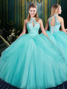Hot Selling Sleeveless Tulle Floor Length Lace Up 15th Birthday Dress in Aqua Blue with Beading and Pick Ups