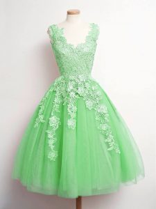 V-neck Sleeveless Lace Up Dama Dress for Quinceanera Green Tulle