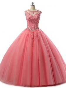 Watermelon Red Scoop Neckline Beading and Lace Quince Ball Gowns Sleeveless Lace Up
