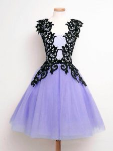Trendy Sleeveless Tulle Knee Length Lace Up Quinceanera Court Dresses in Lavender with Lace
