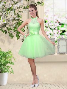 Stunning Knee Length Dama Dress for Quinceanera Tulle Sleeveless Lace and Belt