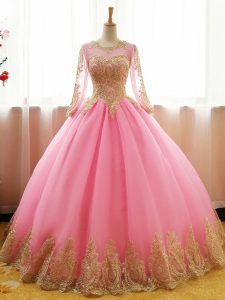 Pink Organza Lace Up Vestidos de Quinceanera Long Sleeves Floor Length Appliques
