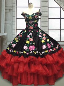 Classical Red And Black Sleeveless Floor Length Embroidery and Ruffled Layers Lace Up Sweet 16 Dresses