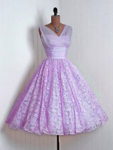 Lilac Sleeveless Lace Lace Up Dama Dress for Quinceanera for Prom and Party and Wedding Party