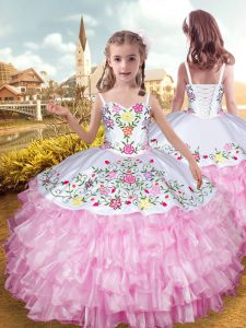Great Rose Pink Sleeveless Floor Length Embroidery and Ruffled Layers Lace Up Little Girls Pageant Dress Wholesale