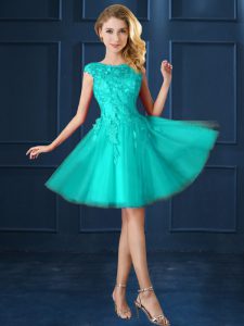 Vintage Turquoise Bateau Lace Up Lace and Belt Quinceanera Court of Honor Dress Cap Sleeves