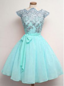 Cap Sleeves Knee Length Lace and Belt Lace Up Damas Dress with Aqua Blue