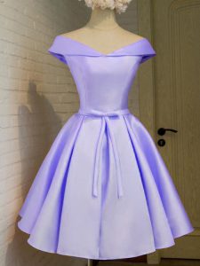 Cap Sleeves Taffeta Knee Length Lace Up Damas Dress in Lavender with Belt
