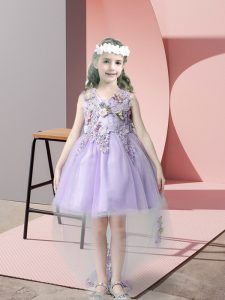 High Low Lavender Little Girl Pageant Dress Tulle Sleeveless Lace and Bowknot
