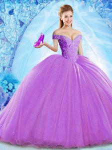 Lavender Ball Gowns Organza Off The Shoulder Sleeveless Beading Lace Up Sweet 16 Dresses Brush Train
