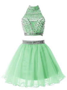 Apple Green Two Pieces Beading Quinceanera Dama Dress Zipper Organza Sleeveless Mini Length