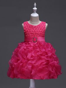 Hot Pink Lace Up Child Pageant Dress Ruffles and Belt Sleeveless Knee Length