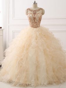 Great Champagne Scoop Lace Up Beading and Ruffles Sweet 16 Dresses Sweep Train Sleeveless
