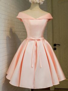 Fabulous Off The Shoulder Cap Sleeves Court Dresses for Sweet 16 Knee Length Belt Peach Taffeta