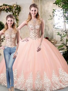 Peach Two Pieces Scoop Sleeveless Tulle Floor Length Lace Up Beading and Lace and Appliques 15th Birthday Dress