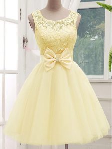 Fashion Knee Length Light Yellow Dama Dress for Quinceanera Tulle Sleeveless Lace and Bowknot