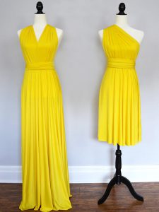 Modern Yellow Empire Chiffon Halter Top Sleeveless Ruching Floor Length Lace Up Vestidos de Damas