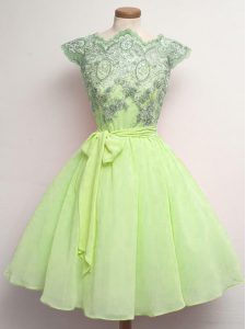 High Class Scalloped Cap Sleeves Lace Up Quinceanera Court of Honor Dress Yellow Green Chiffon