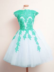 Fancy Sleeveless Tulle Mini Length Lace Up Vestidos de Damas in Multi-color with Appliques
