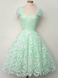 Luxurious Knee Length Apple Green Quinceanera Dama Dress Straps Cap Sleeves Lace Up