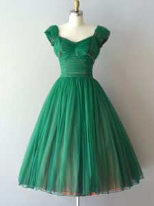 V-neck Cap Sleeves Quinceanera Court Dresses Knee Length Ruching Green Chiffon