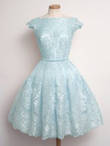 Captivating Light Blue Lace Lace Up Scalloped Cap Sleeves Knee Length Quinceanera Court of Honor Dress Lace