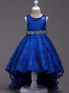 Sleeveless High Low Beading Lace Up Girls Pageant Dresses with Royal Blue