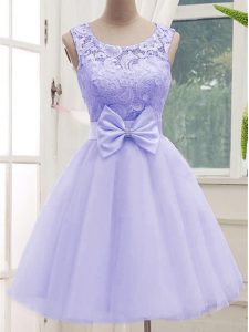 Deluxe Lace and Bowknot Quinceanera Court Dresses Lavender Lace Up Sleeveless Knee Length