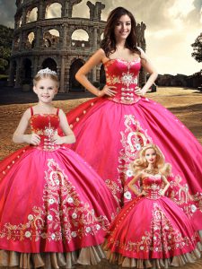 Hot Pink Lace Up Sweetheart Beading and Embroidery Quince Ball Gowns Taffeta Sleeveless