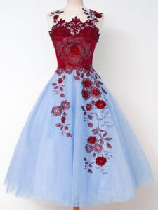 Exquisite Blue A-line Tulle Straps Sleeveless Appliques Knee Length Lace Up Dama Dress for Quinceanera