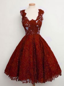 Extravagant Rust Red A-line Straps Sleeveless Lace Knee Length Lace Up Lace Dama Dress for Quinceanera