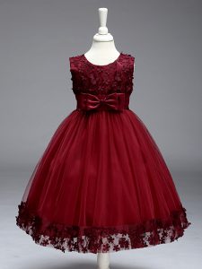 Knee Length Burgundy Little Girls Pageant Dress Tulle Sleeveless Lace and Bowknot
