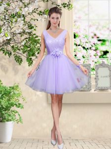 Lace and Belt Court Dresses for Sweet 16 Lilac Lace Up Sleeveless Knee Length