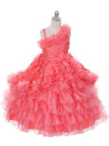 New Style Watermelon Red Little Girl Pageant Gowns Wedding Party with Lace and Ruffles and Ruffled Layers Asymmetric Sleeveless Lace Up