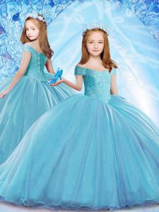 Stunning Cap Sleeves Beading Lace Up Child Pageant Dress with Baby Blue Brush Train