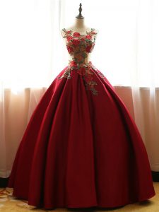Romantic Sleeveless Taffeta Floor Length Lace Up Quinceanera Dress in Wine Red with Appliques