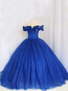 Modern Off The Shoulder Cap Sleeves Lace Up 15th Birthday Dress Royal Blue Tulle